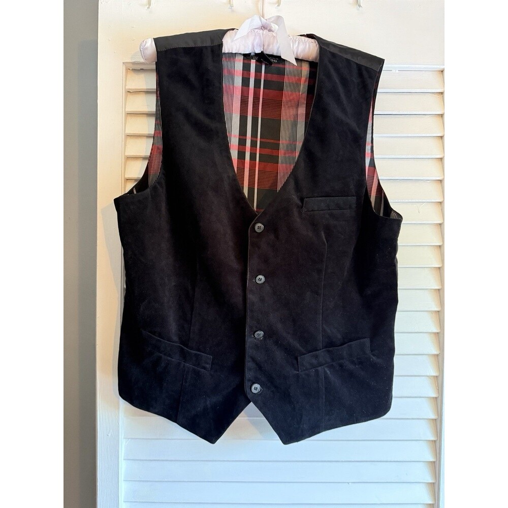 ViTG 90’s Men’s Black Velvet Button-Up Vest L Tartan Lining Hipster Goth Formal